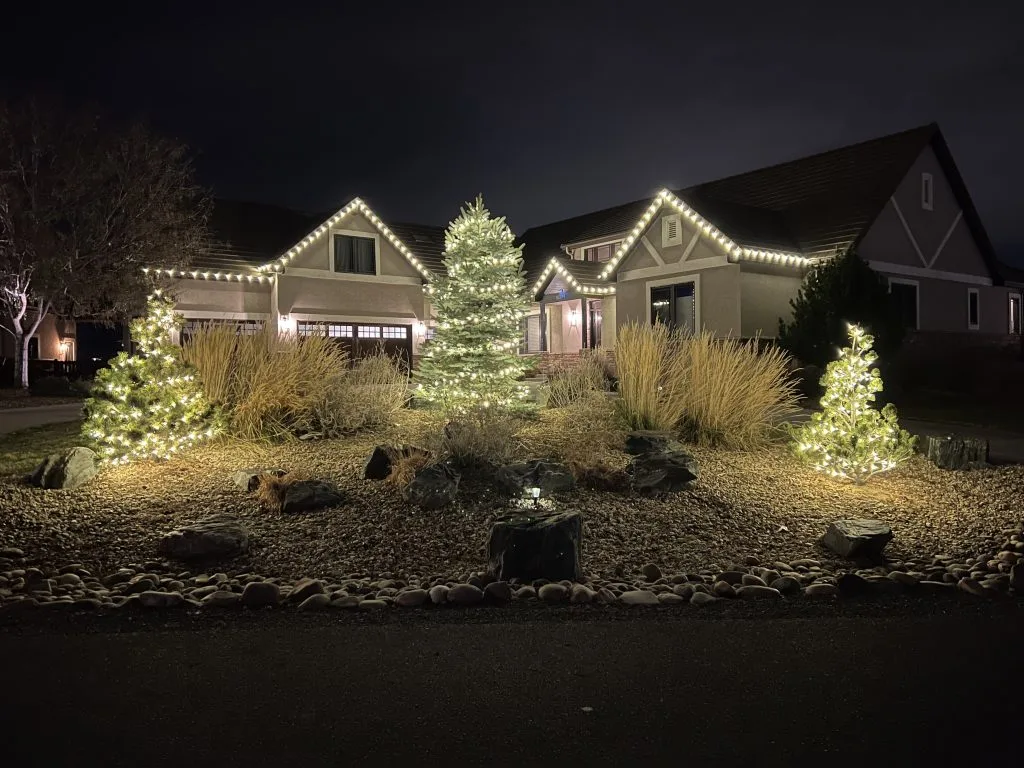 Twinkling holiday lights adorn a cozy house and illuminated evergreen trees at night