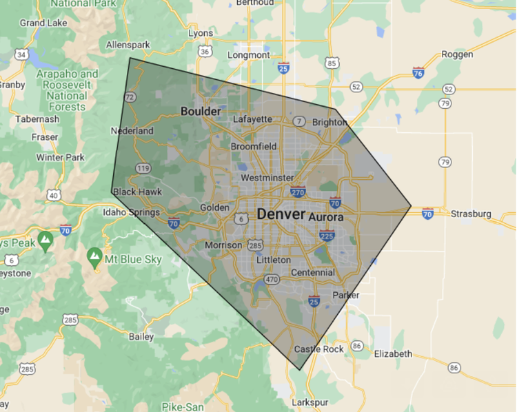 Architectural lighting enhances the shaded area of the Denver metropolitan region on the map