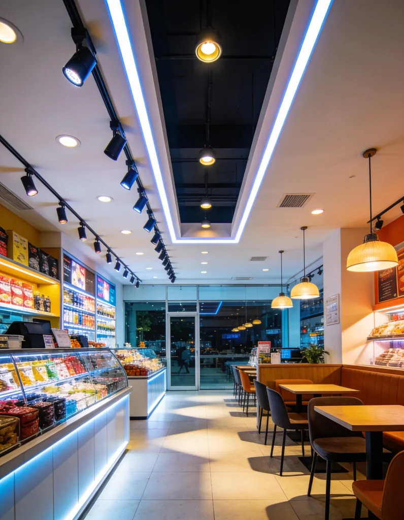 A modern cafe features a bright, illuminated interior with display cases and seating areas