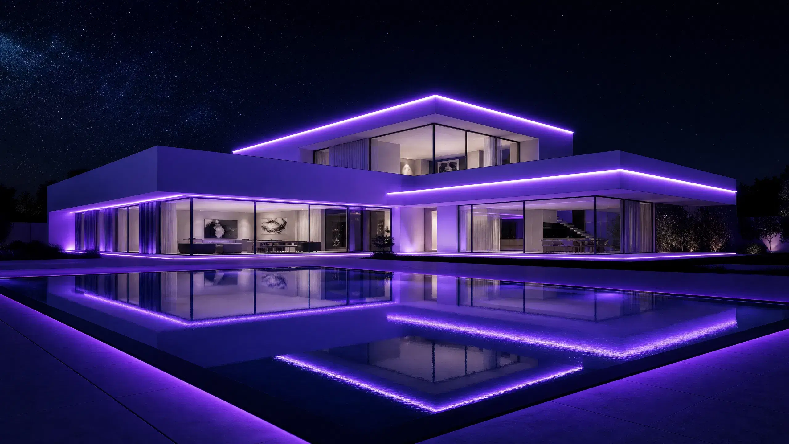 A modern house illuminated with purple lights reflects in a still pool at night