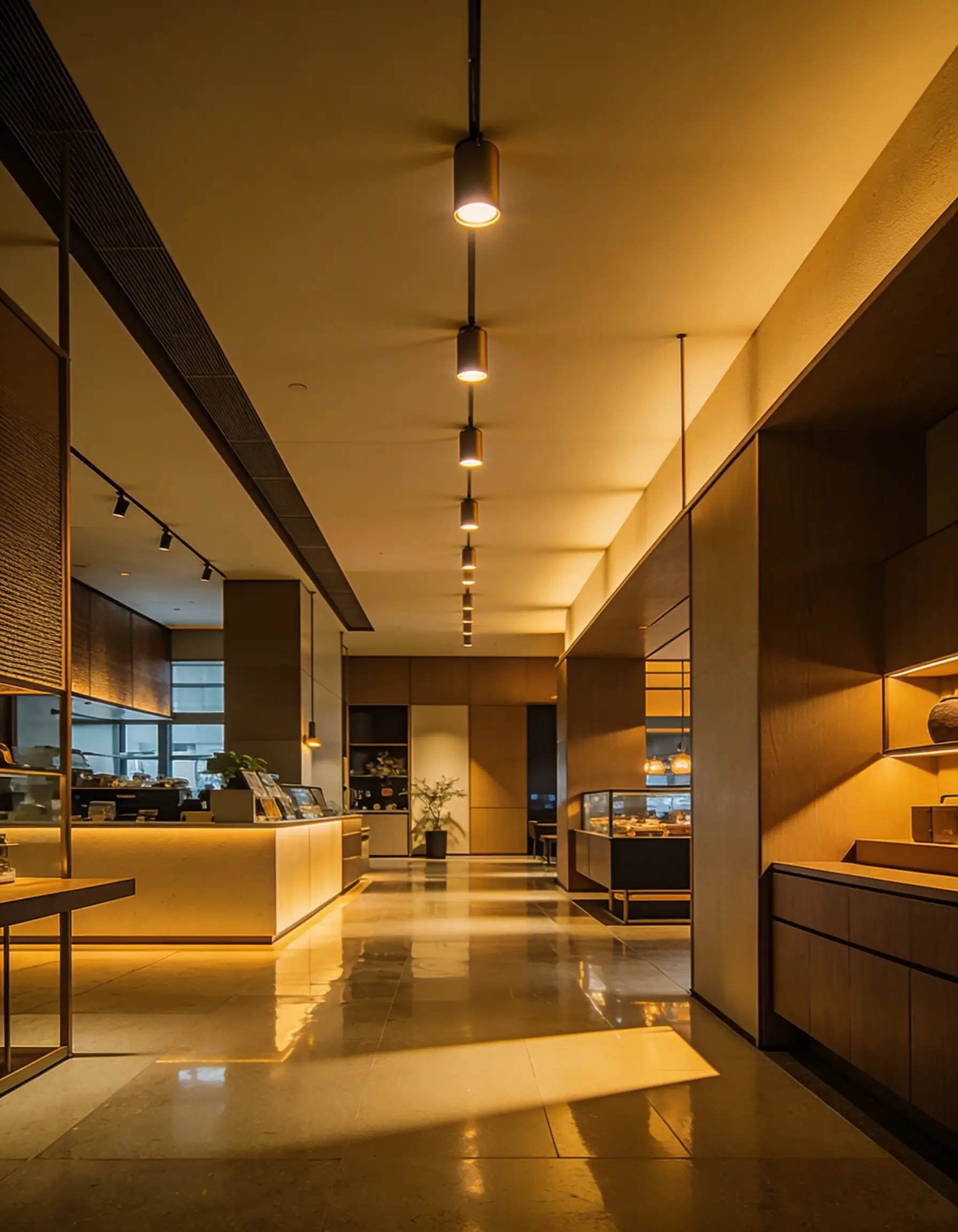 A warmly lit modern space features sleek furniture and elegant lighting
