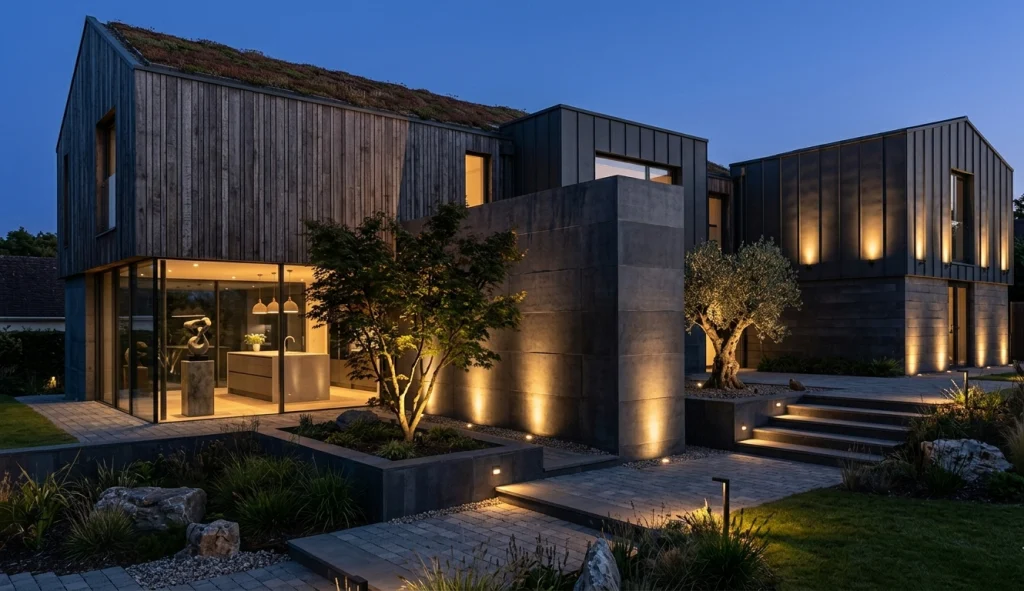 A modern wooden house illuminated by soft landscape lighting at dusk