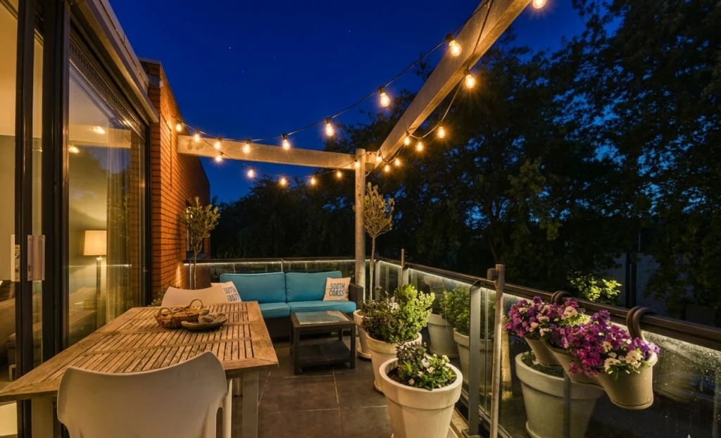 A cozy balcony is illuminated by string lights, surrounded by potted plants