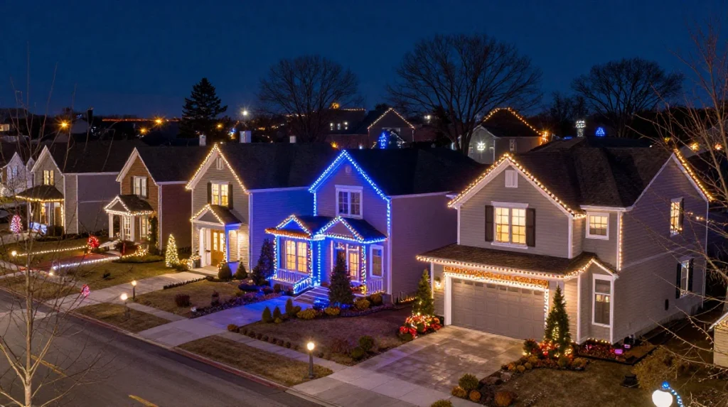 Colorful holiday lights adorn houses along a quiet suburban street at night