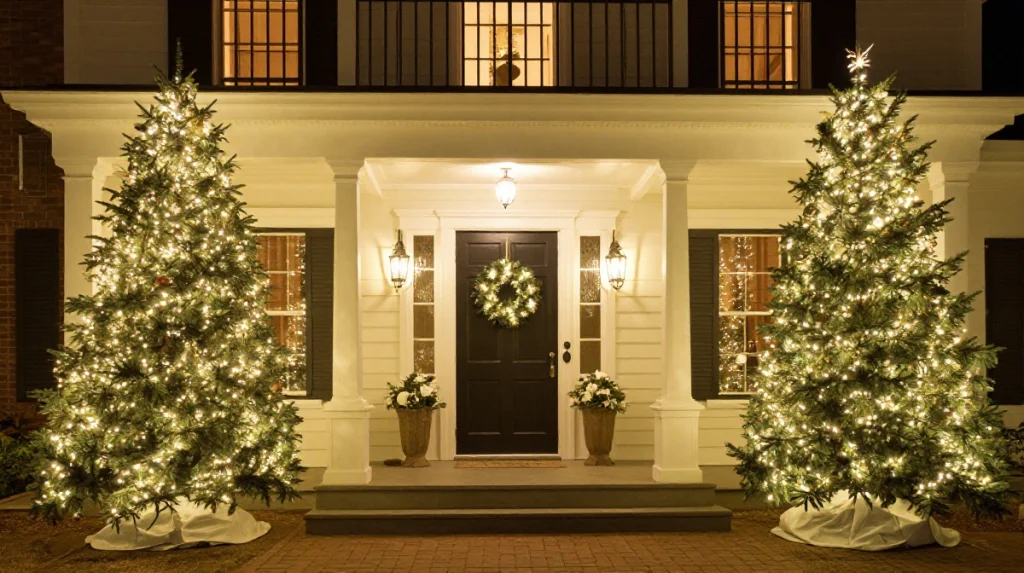 Two decorated Christmas trees flank a warmly lit front door adorned with a wreath