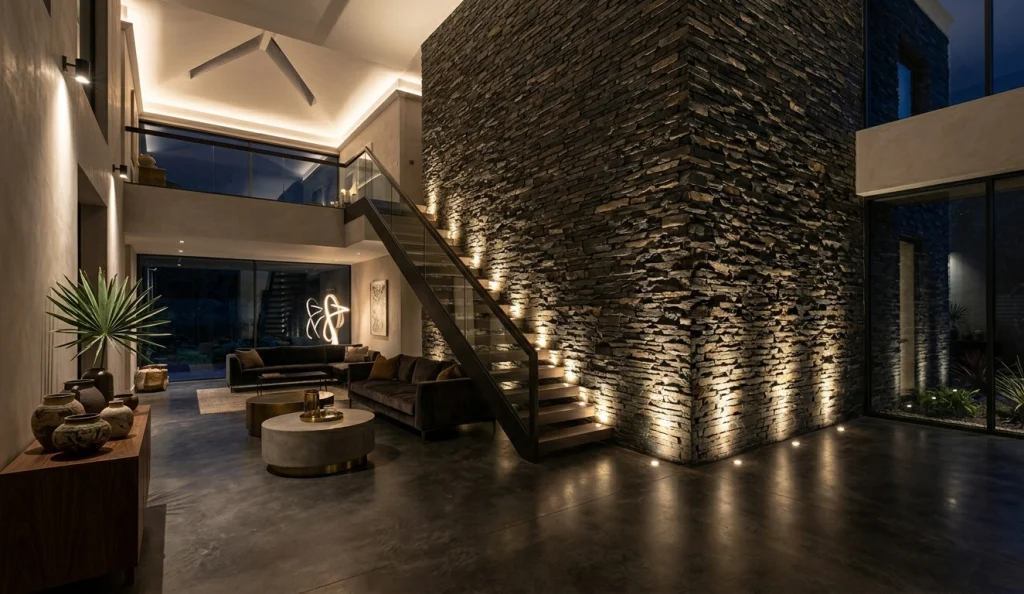 A modern interior features a stone wall, sleek furniture, and dramatic lighting