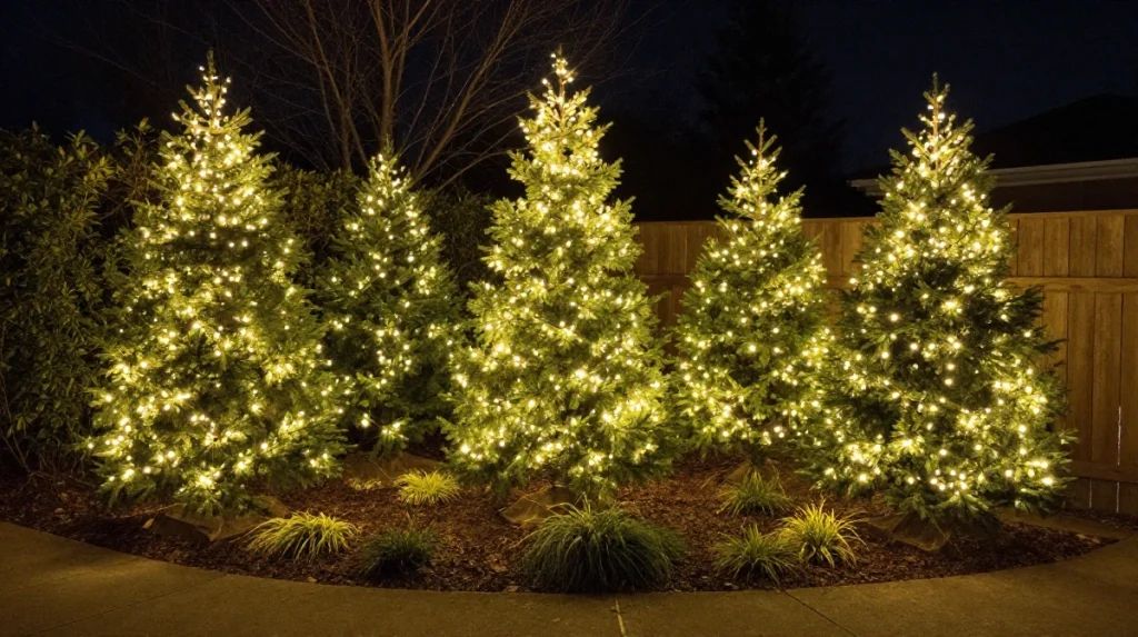 A cluster of illuminated evergreen trees shines brightly in the night