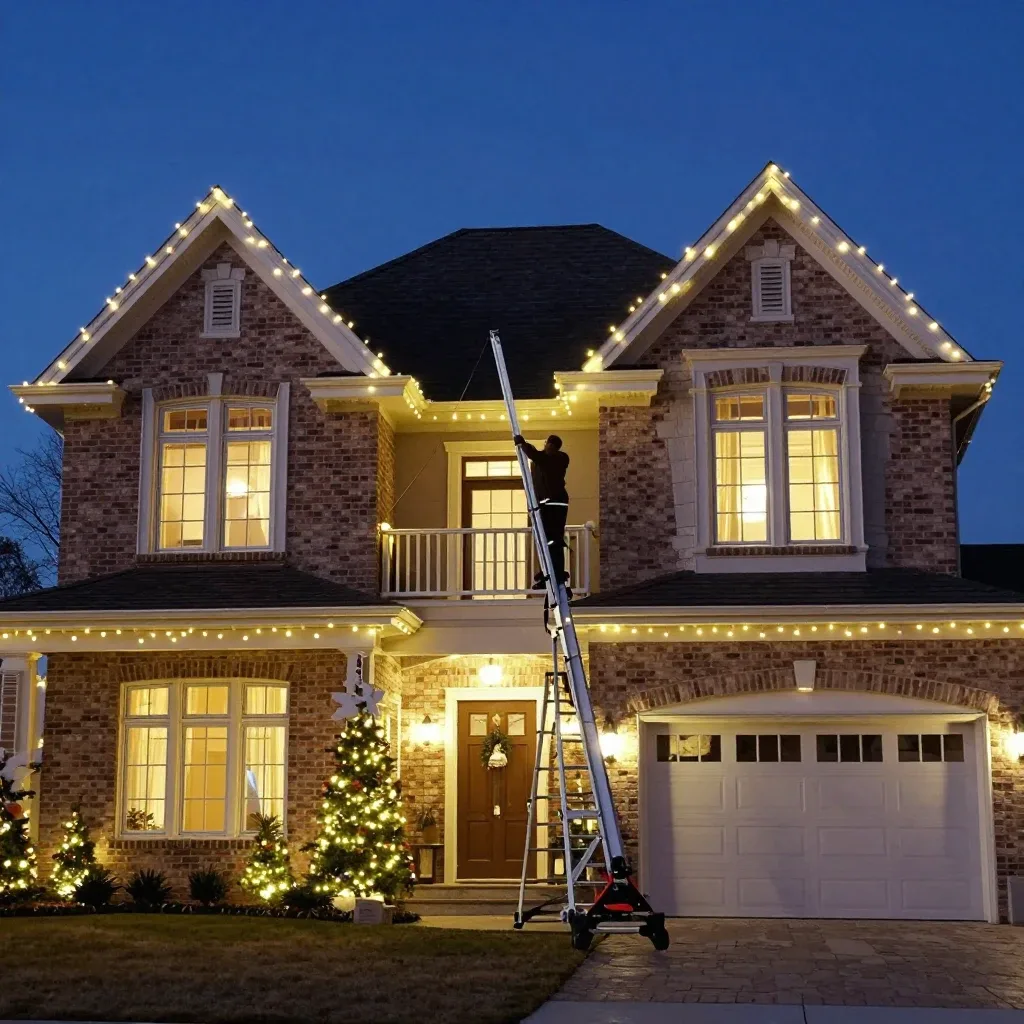 A person decorates a house with festive lights while using a ladder