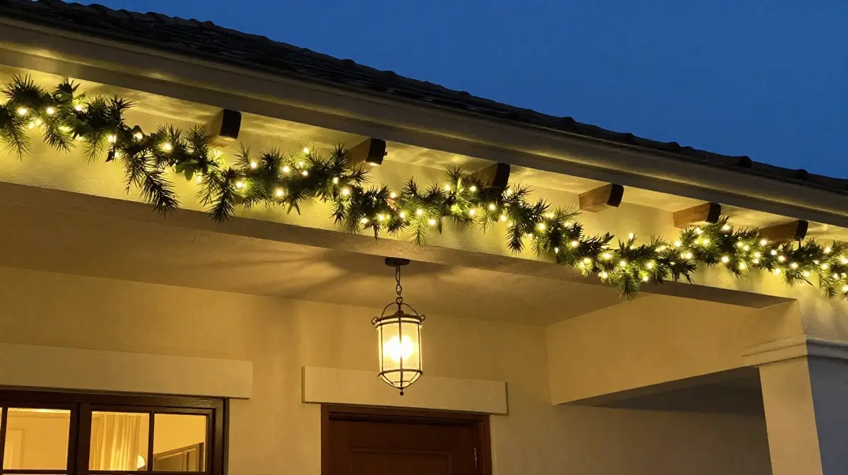 Brightly lit greenery adorns an entrance, creating a warm, festive atmosphere
