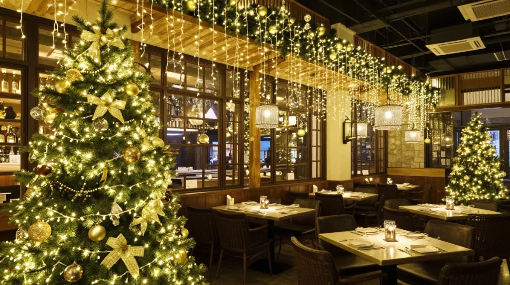A cozy restaurant is elegantly decorated with Christmas trees and festive lights
