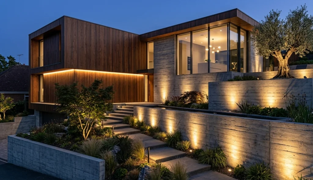 A modern house with wooden accents is illuminated at dusk, showcasing landscaped steps and greenery