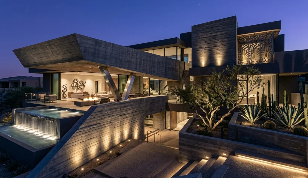 A modern architectural marvel glows at twilight, featuring sleek lines and vibrant landscaping