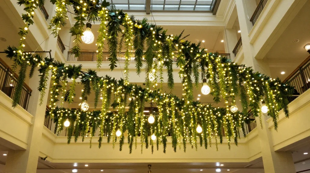 Lush greenery and glowing lights cascade elegantly from a high ceiling