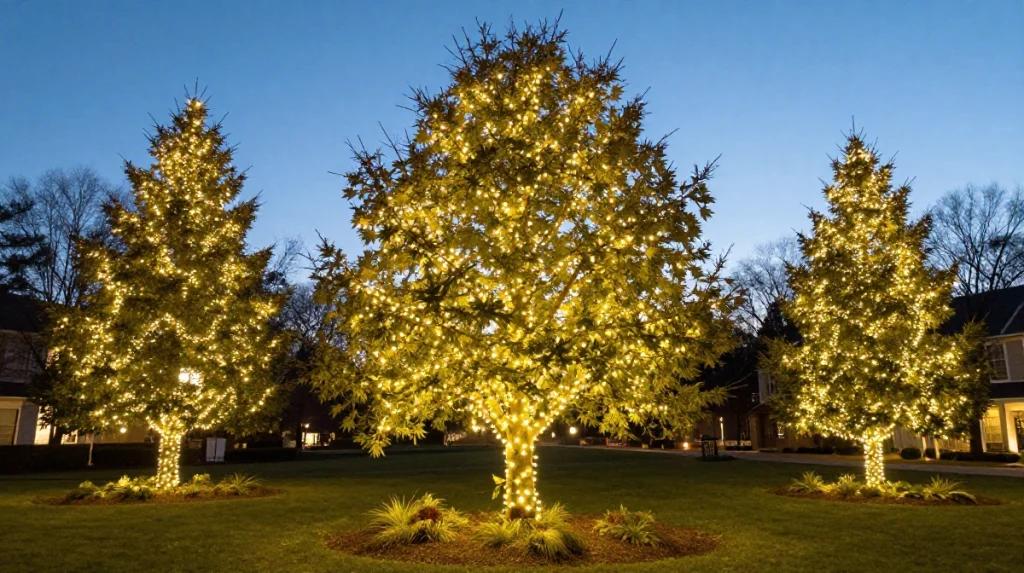 Three trees are adorned with glowing yellow lights against a twilight sky