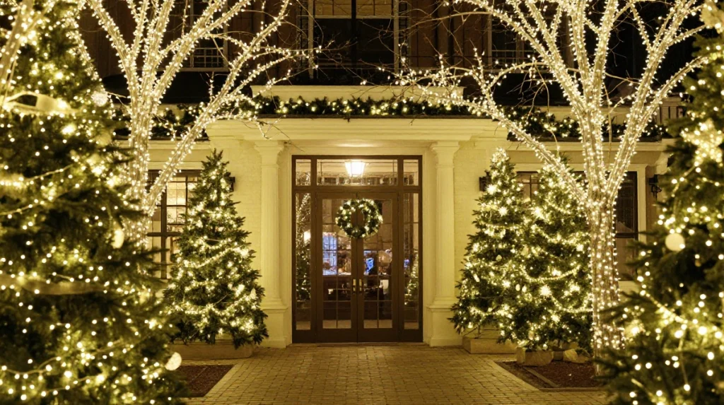 Twinkling holiday lights adorn evergreen trees and an entrance, creating a festive atmosphere