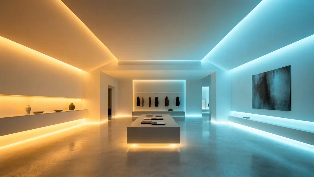 Soft, colorful lighting illuminates a modern, minimalistic interior space with distinct sections