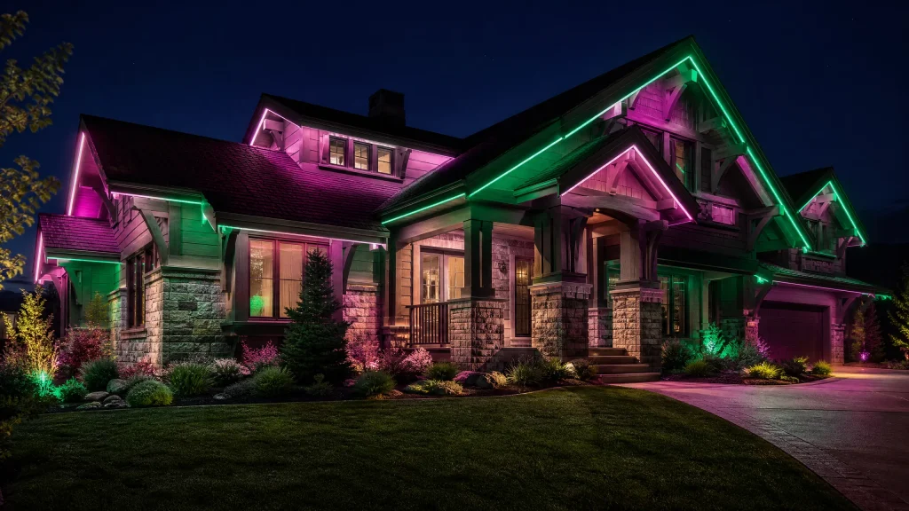 A beautifully illuminated modern house glows with vibrant pink and green lights at night