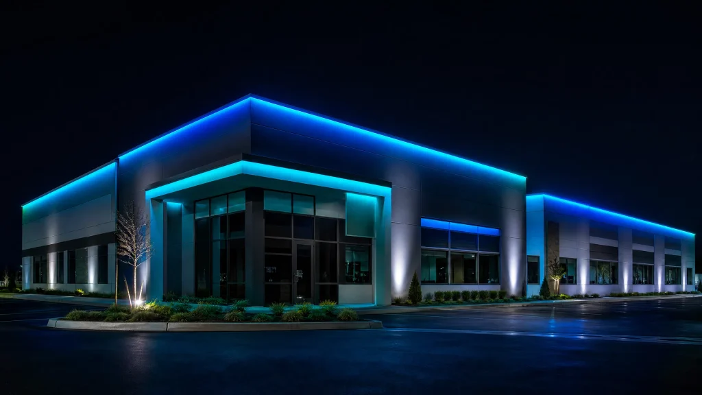 A modern building is illuminated by bright blue LED lights at night
