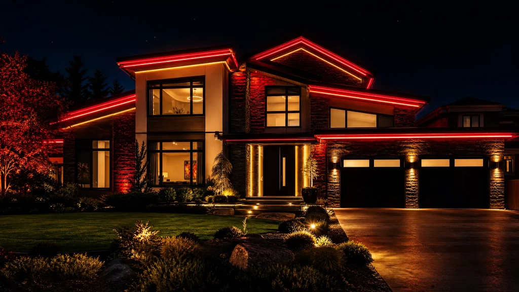 A modern house is illuminated with red lights, enhancing its architectural features at night