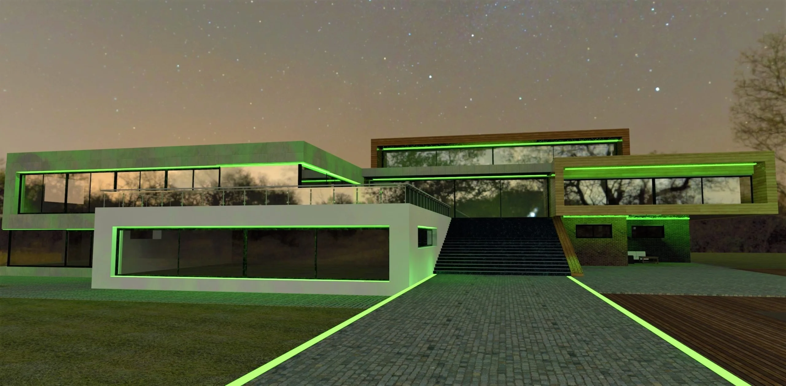 A modern, illuminated house features sleek architecture against a starry night sky