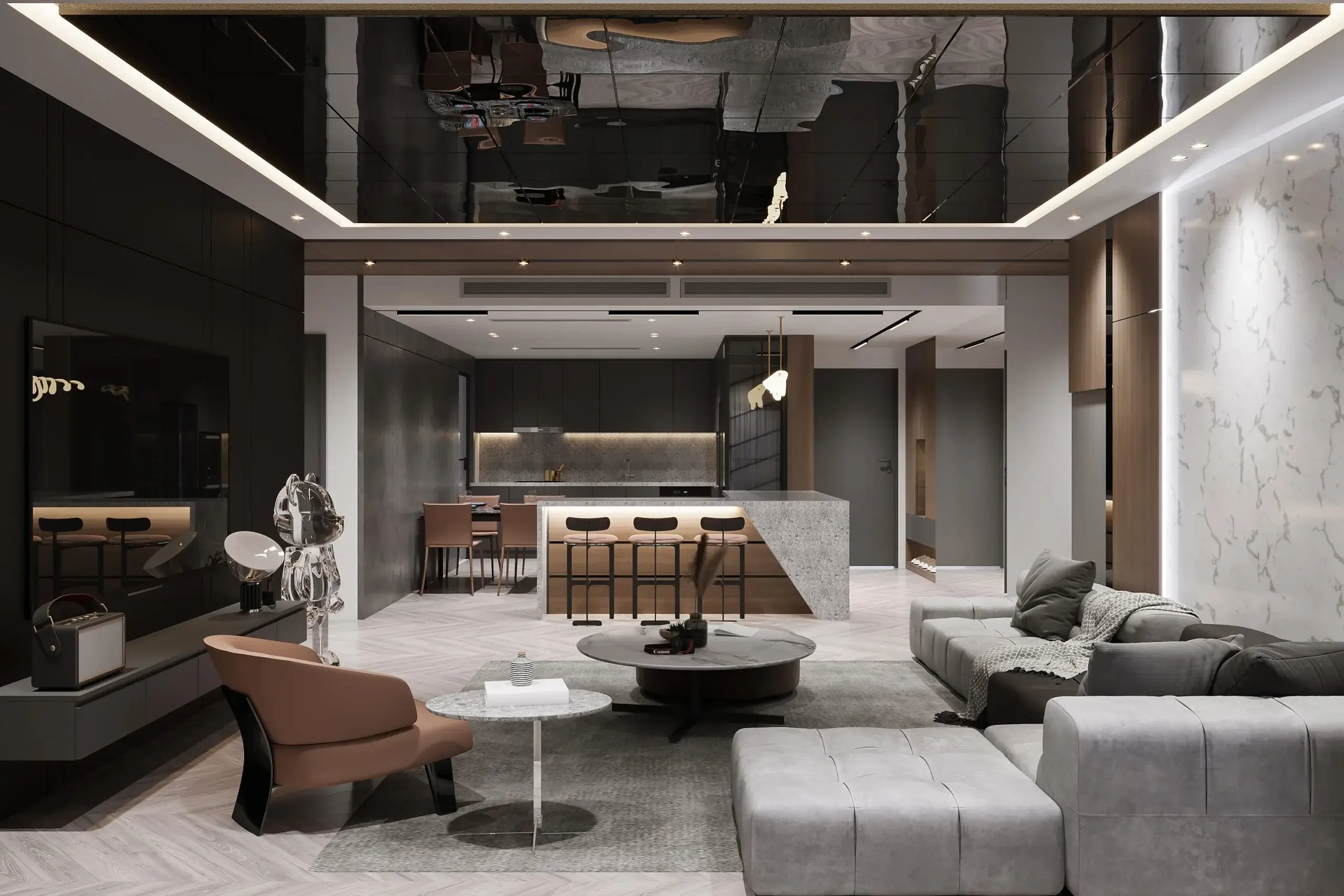 A modern living space features sleek furniture and minimalist design elements