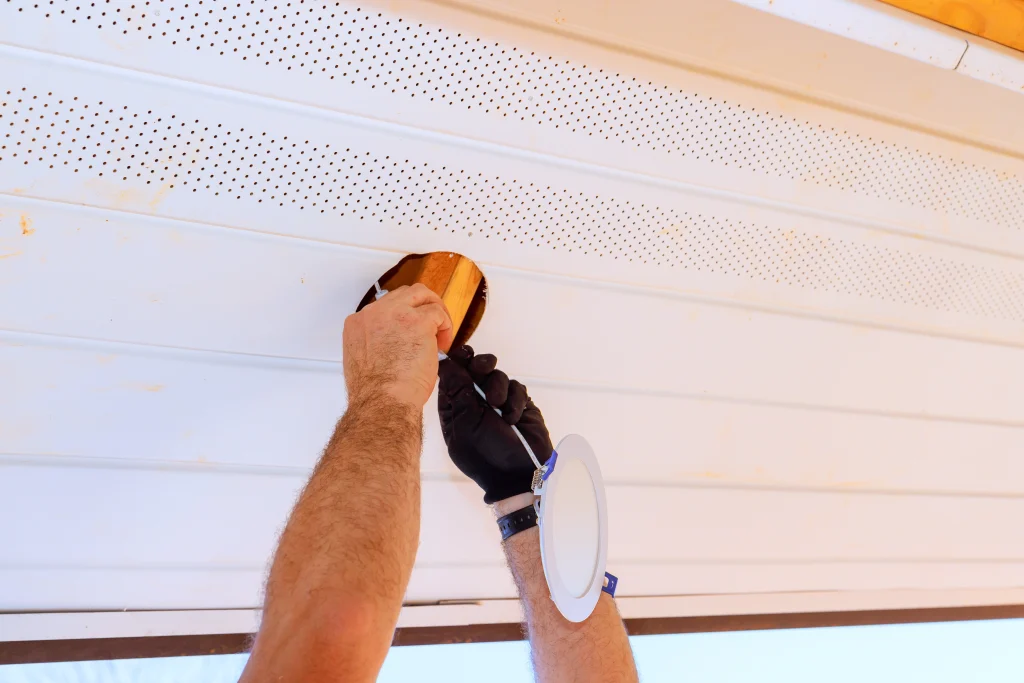 A person is installing a circular fixture into a white ceiling surface